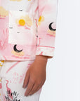 Full Sleeves Cotton Button Down Night Suit Set - Pink Spray