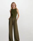 High Rise Wide Legged Essential Pants - Shade Of Olive Green