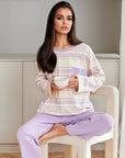 Full Sleeves Cotton Night Suit Set - Purple & Ivory
