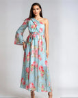 One Shoulder Floral Dress - Blue