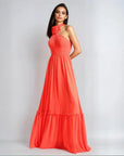 Flower Halter Neck Maxi Dress - Orange