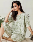 Half Sleeves Cotton Night Suit Set - Rainforest Green