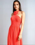 Flower Halter Neck Maxi Dress - Orange
