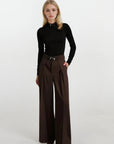 High Rise Wide Legged Pants With Belt - Brown