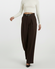 High Rise Wide Legged Pants With Belt - Brown