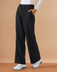 Fleece Lined Wide Legged Pants - Black
