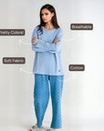 Full Sleeves Cotton Night Suit Set - Blue