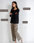 Full Sleeves Cotton Night Suit Set - Black