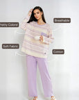 Full Sleeves Cotton Night Suit Set - Purple & Ivory