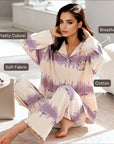 Full Sleeves Cotton Button Down Night Suit Set - Purple & Ivory
