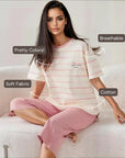 Half Sleeves Cotton Night Suit Set - Pink & Ivory