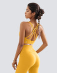 Cross Back Sports Bra With Hooks - Mustard Yellow
