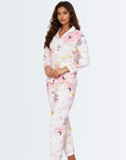 Full Sleeves Cotton Button Down Night Suit Set - Pink Spray