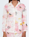 Full Sleeves Cotton Button Down Night Suit Set - Pink Spray