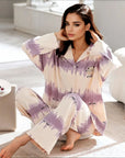 Full Sleeves Cotton Button Down Night Suit Set - Purple & Ivory