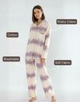 Full Sleeves Cotton Button Down Night Suit Set - Purple & Ivory