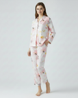 Full Sleeves Cotton Button Down Night Suit Set - Pink Spray