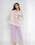 Full Sleeves Cotton Night Suit Set - Purple & Ivory