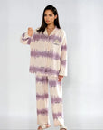 Full Sleeves Cotton Button Down Night Suit Set - Purple & Ivory