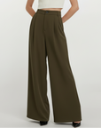 High Rise Wide Legged Essential Pants - Shade Of Olive Green