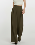 High Rise Wide Legged Essential Pants - Shade Of Olive Green