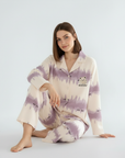 Full Sleeves Cotton Button Down Night Suit Set - Purple & Ivory