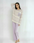 Full Sleeves Cotton Night Suit Set - Purple & Ivory