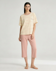 Half Sleeves Cotton Night Suit Set - Pink & Ivory