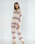 Full Sleeves Cotton Button Down Night Suit Set - Purple & Ivory