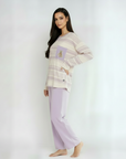 Full Sleeves Cotton Night Suit Set - Purple & Ivory