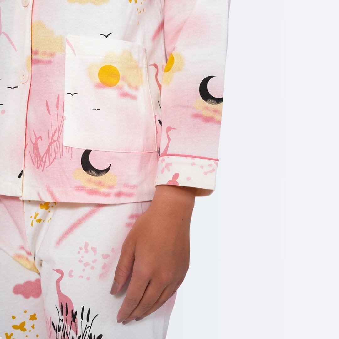 Full Sleeves Cotton Button Down Night Suit Set - Pink Spray