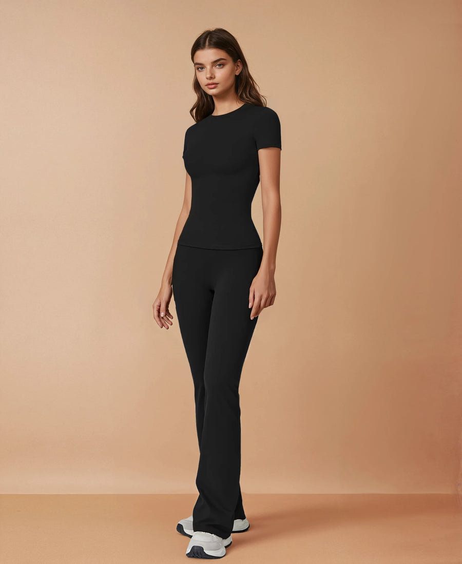 Half Sleeve Flare Pant Yoga Set - Black