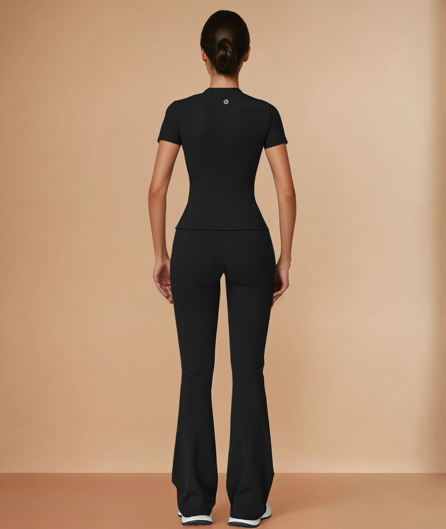 Half Sleeve Flare Pant Yoga Set - Black