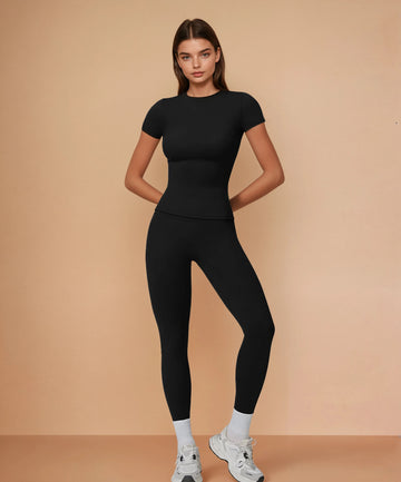 Half Sleeve Legging Yoga Set - Black