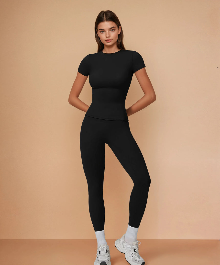 Half Sleeve Legging Yoga Set - Black