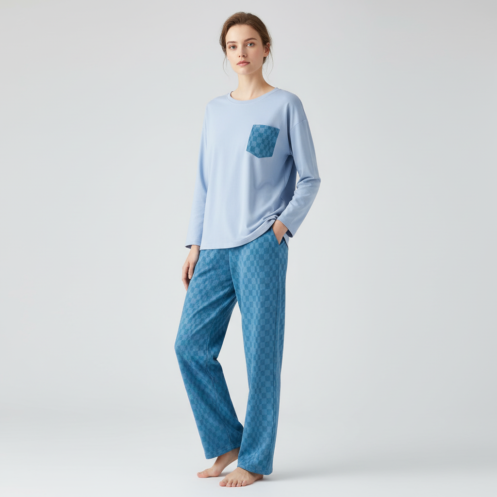 Full Sleeves Cotton Night Suit Set - Blue