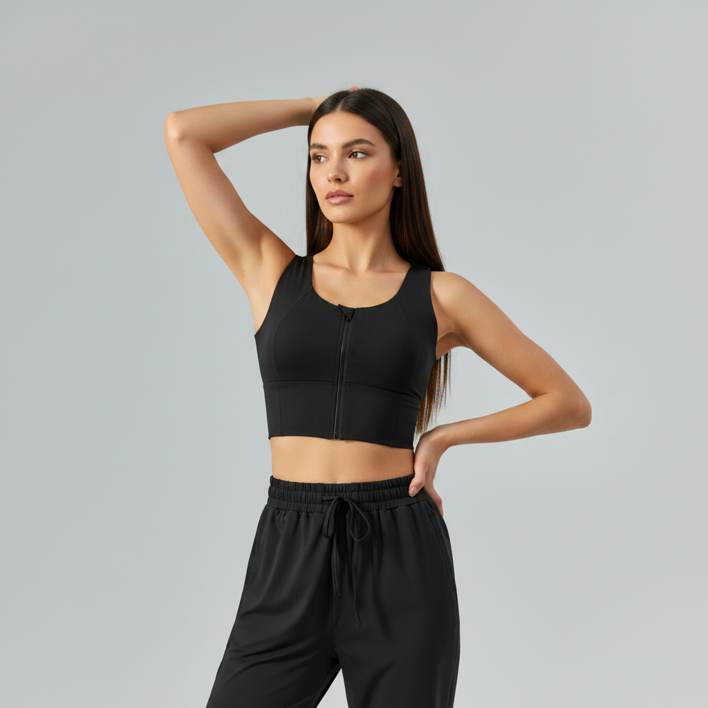 Front Zip Sports Bra - Black