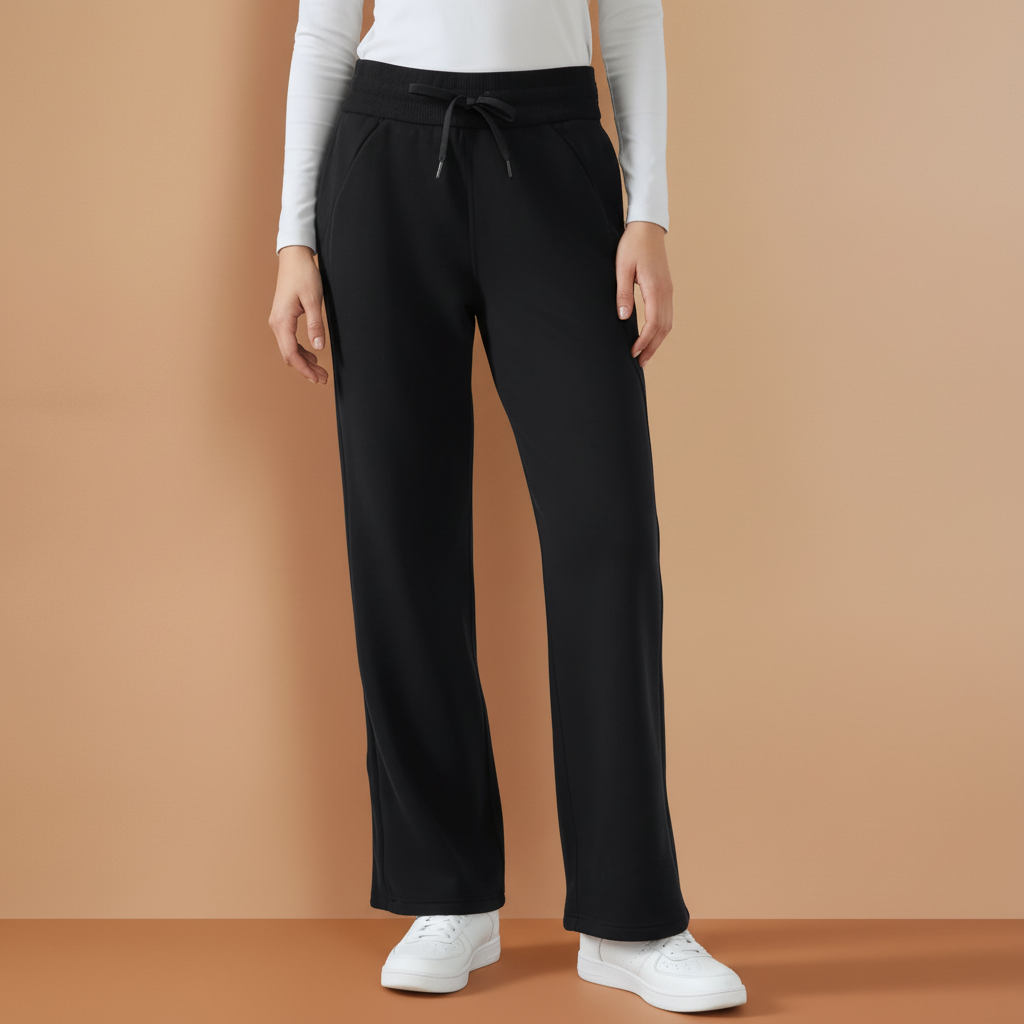 Fleece Lined Wide Legged Pants  - Black