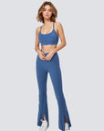 Stylish Flare Yoga Pants With Front Slit - Blue