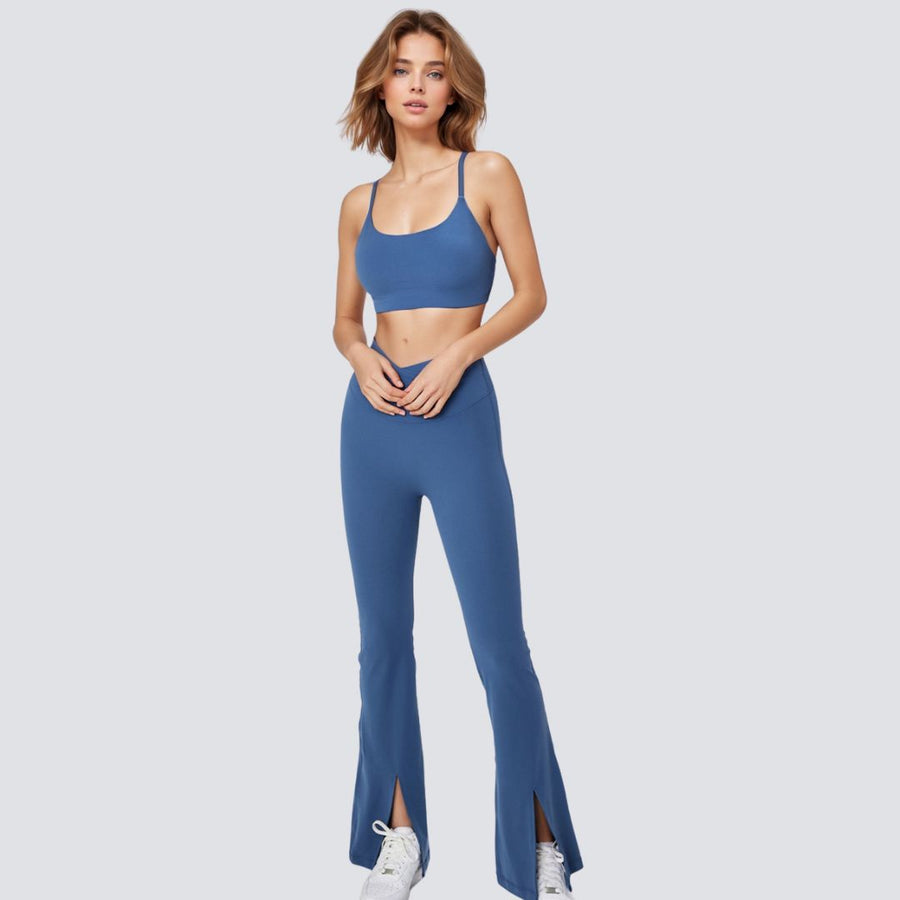 Stylish Flare Yoga Pants With Front Slit - Blue