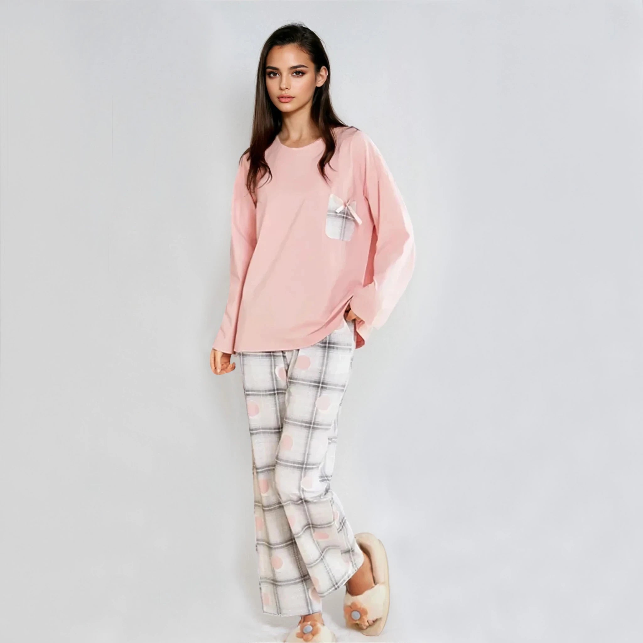Full Sleeves Cotton Night Suit Set - Pink & Grey