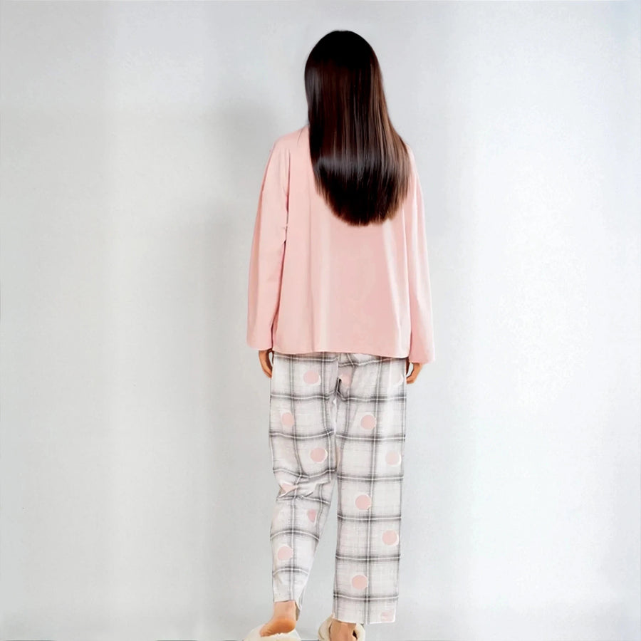 Full Sleeves Cotton Night Suit Set - Pink & Grey