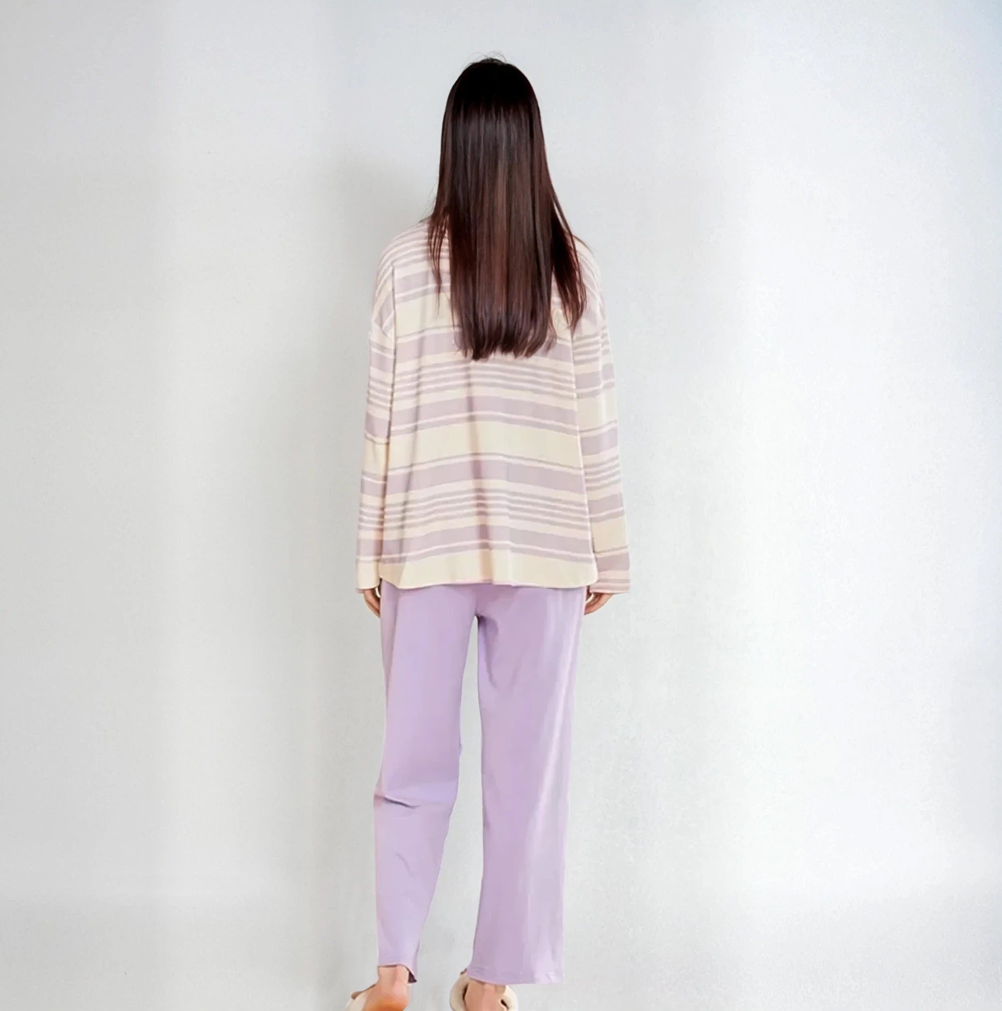 Full Sleeves Cotton Night Suit Set - Purple & Ivory