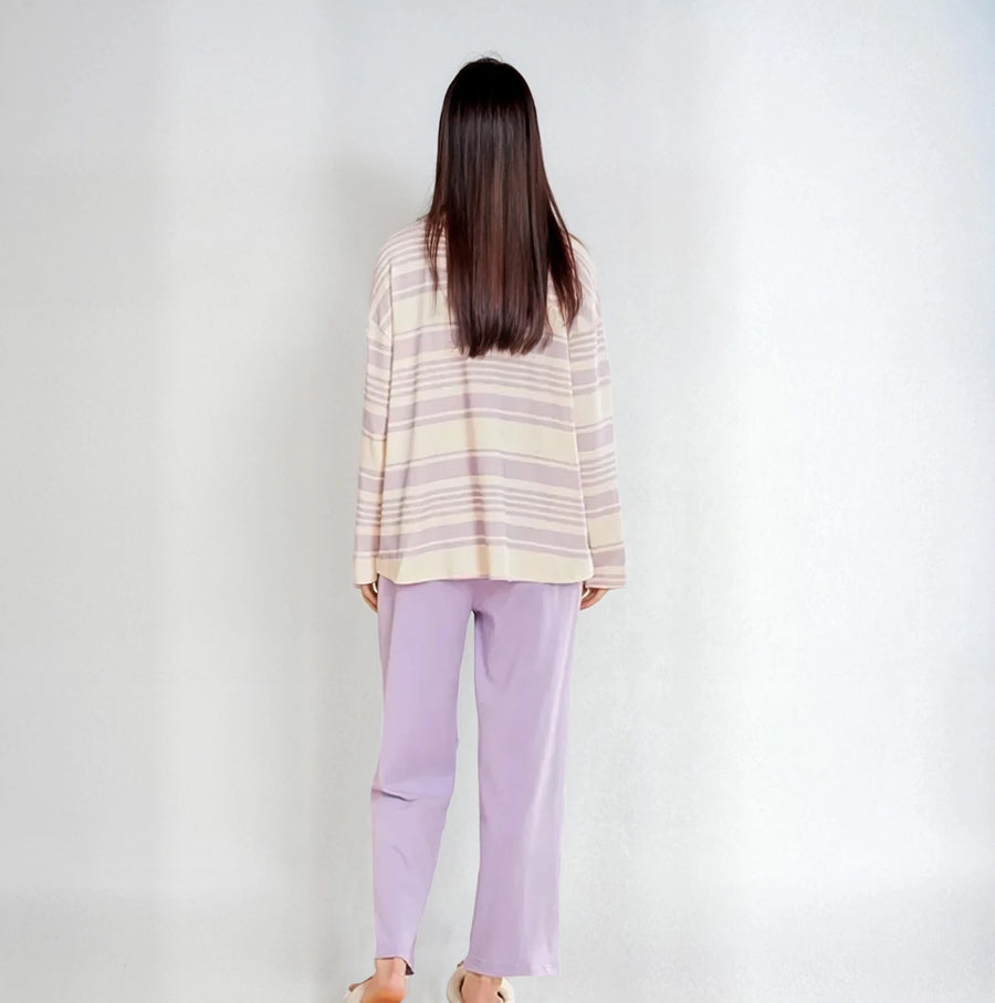 Full Sleeves Cotton Night Suit Set - Purple & Ivory