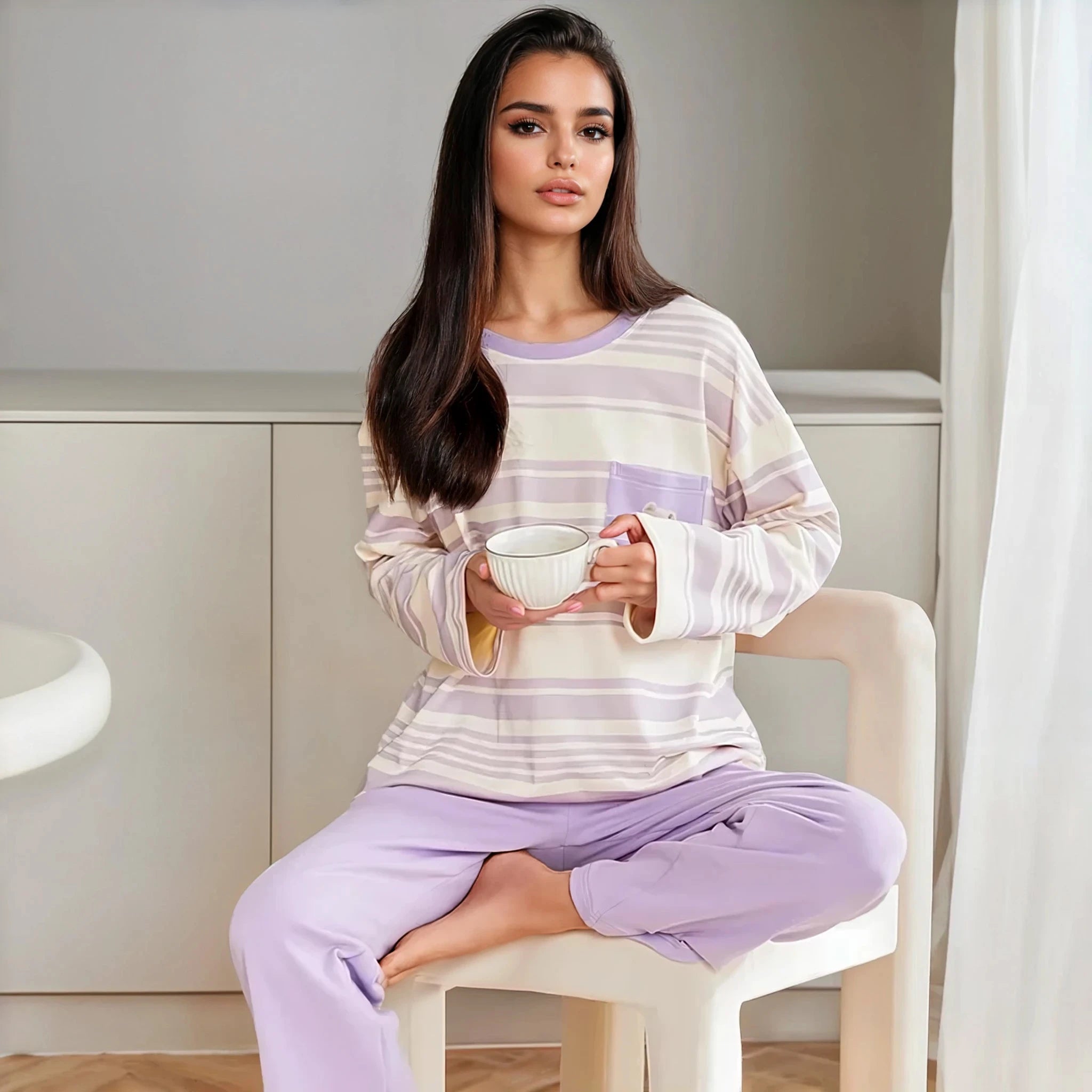 Full Sleeves Cotton Night Suit Set - Purple & Ivory