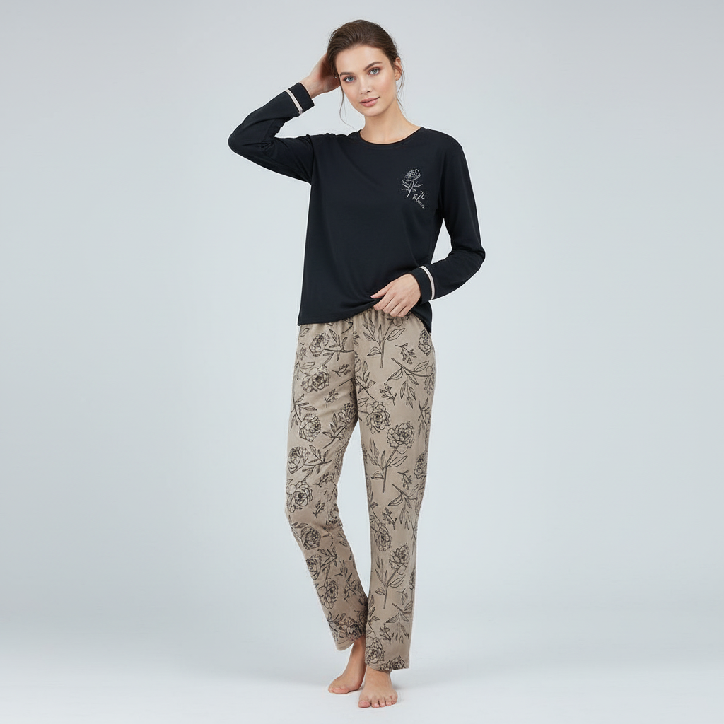 Full Sleeves Cotton Night Suit Set - Black