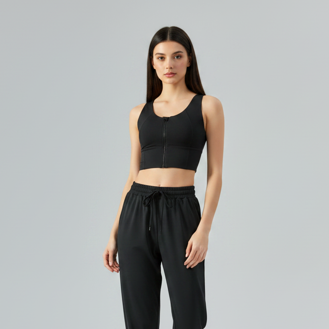 Front Zip Sports Bra - Black