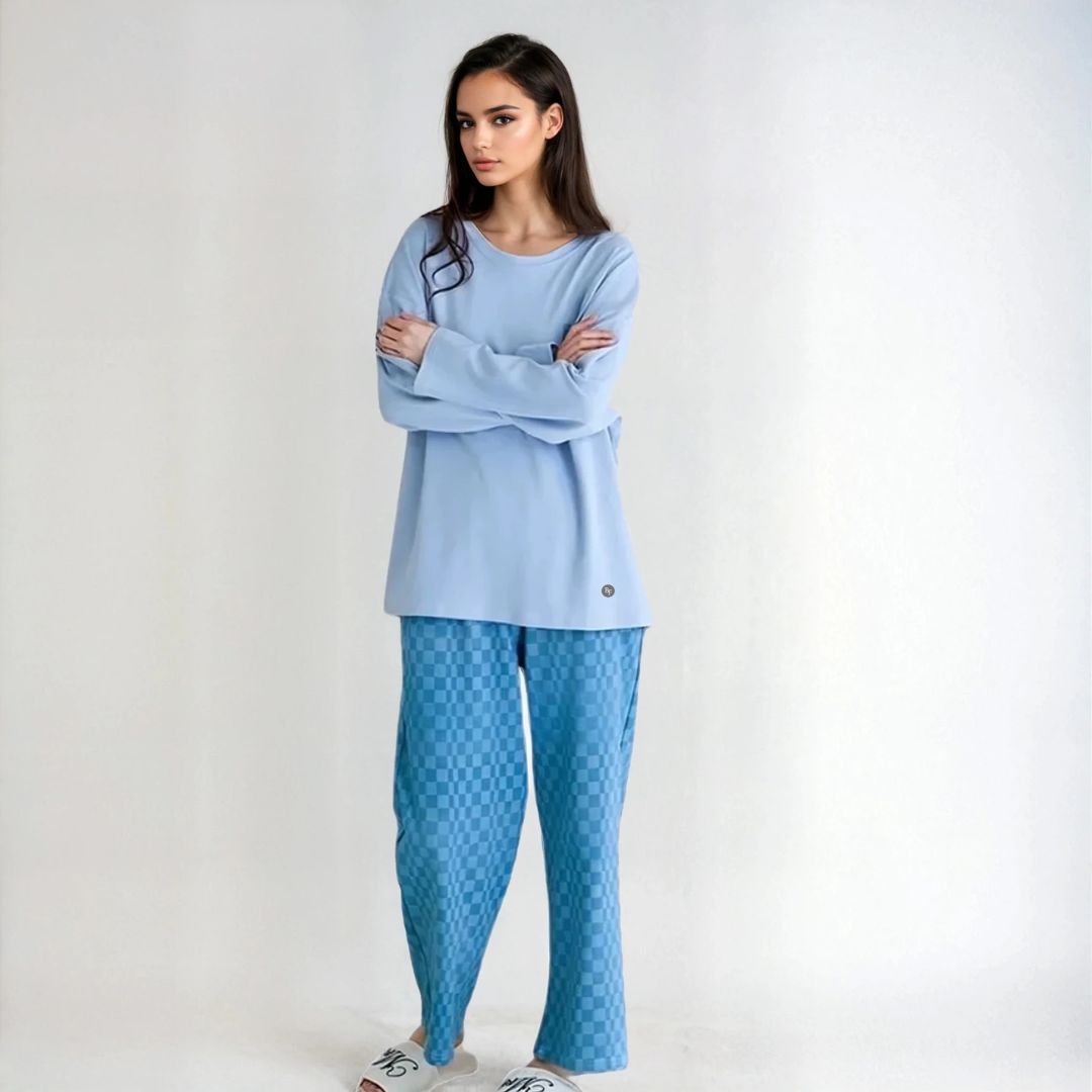 Full Sleeves Cotton Night Suit Set - Blue
