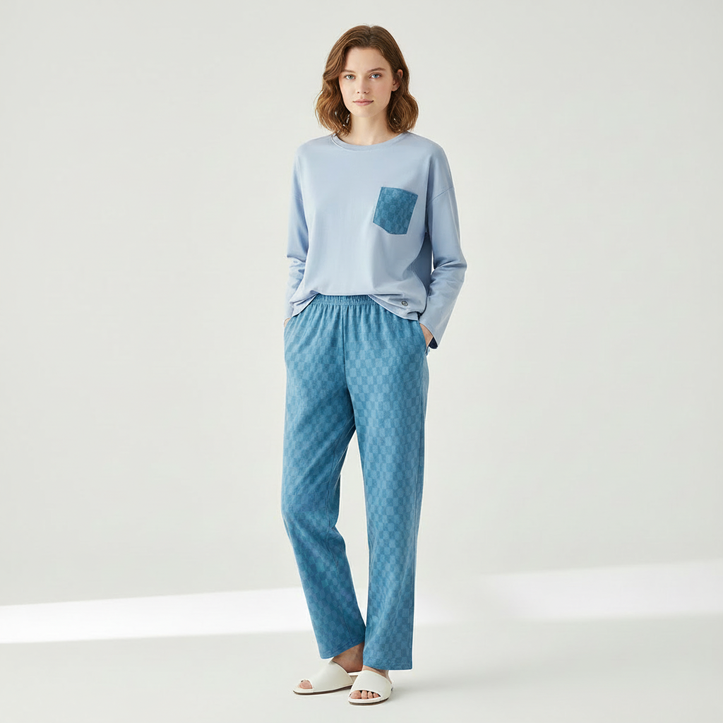 Full Sleeves Cotton Night Suit Set - Blue