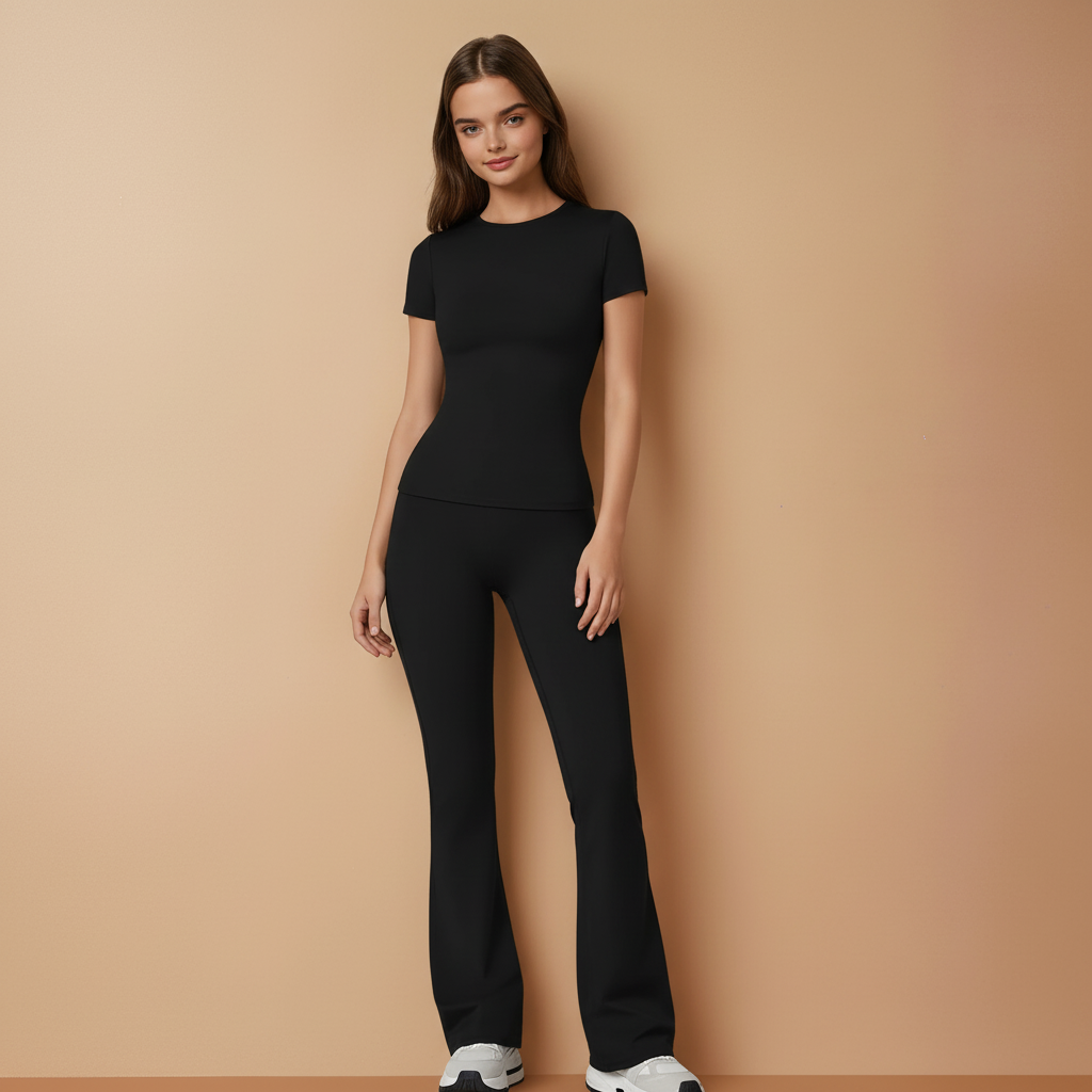 Half Sleeve Flare Pant Yoga Set - Black